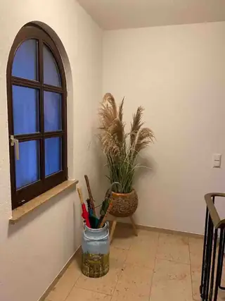 Eleganter Flur mit Steintreppe, geschmiedetem Geländer, Pampasgras-Dekoration und Hängepflanze.